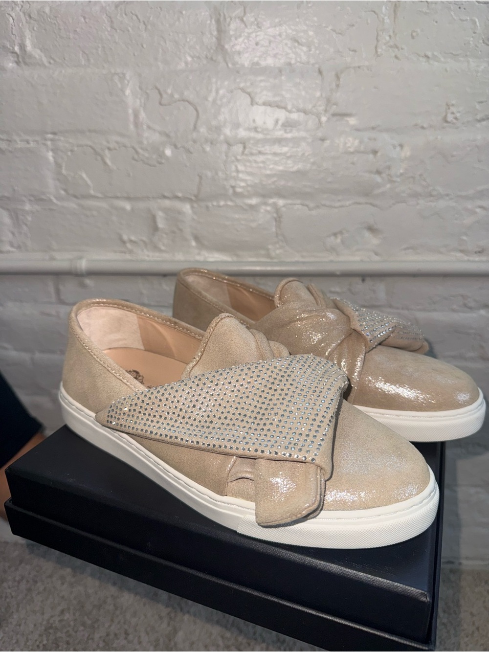 Vince Camuto Champagne Beige Slip-On Sneakers with Crystal Bow size 8.5